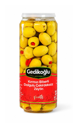 Kırmızı Biber Dolgulu Çekirdeksiz Yeşil Zeytin Pratik Aç Bitir