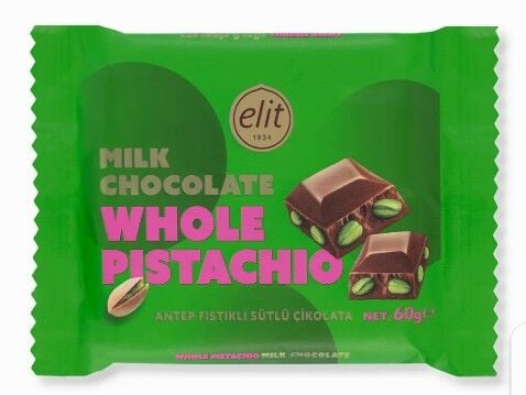 Elit Bütün Antep Fıstıklı Sütlü Çikolata Tablet 60 Gr Glutensiz